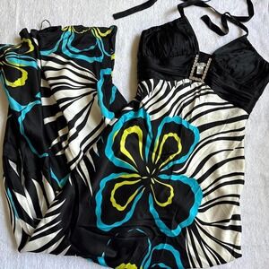 insane vintage cache black + blue summery floral print halter neck dress